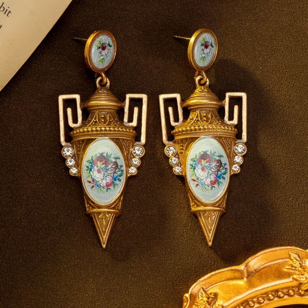 Vintage Floral Porcelain Drop Earrings Gold Tone Rhinestone Victorian Chic